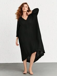 Đường viền cổ có rãnh Tay Raglan Hem cao thấp Đầm giản dị - màu đen - Xem 4