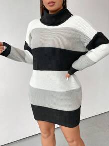 Flirla Plus Color Block Turtleneck Drop Shoulder Sweater Dress - Multicolor - View 4