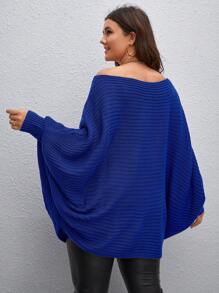 Calvaya Suéter de punto con mangas de murciélago y hombros descubiertos para otoño e invierno, talla grande - Azul - Ver 2