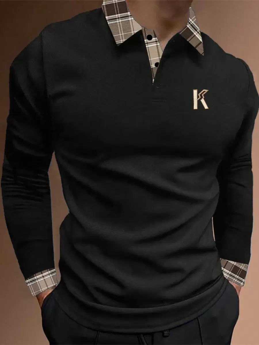 Manfinity Homme Men Letter Graphic Contrast Plaid Collar Polo Shirt, Fall - Black - View 1
