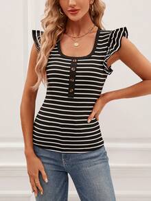 SHEIN LUNE Striped Print Ruffle Trim Tee - Black - View 3