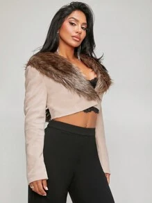 SHEIN SXY Fuzzy Collar Crop Jacket - Khaki - View 3