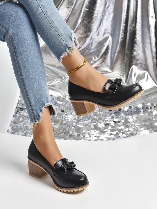 أحذية نسائية عالية الكعب بأصابع مدورة للتسوق وقضاء الوقت في الهواء الطلق، تصميم بسيط عقدة فراشة، مريحة ومقاومة للتآكلرمضان