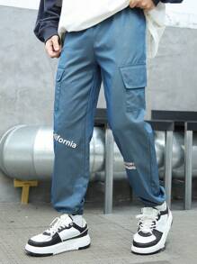 男大童字母圖案翻蓋口袋工裝褲