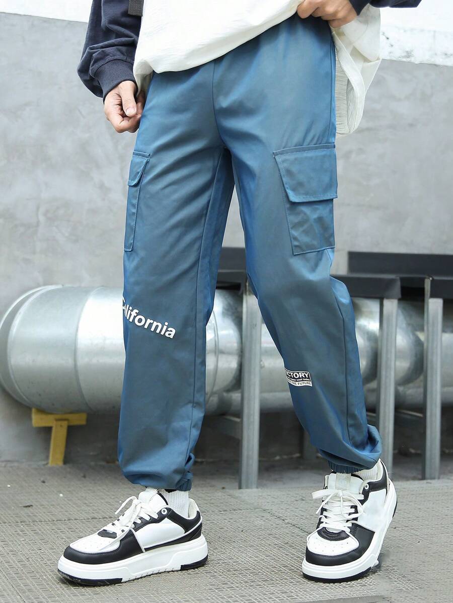 男大童字母圖案翻蓋口袋工裝褲