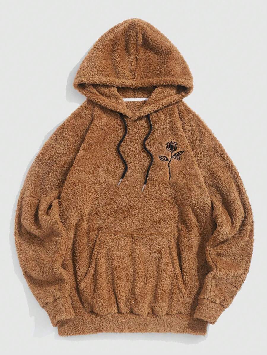 Manfinity Homme Lỏng lẻo phù hợp Nam Thêu hoa Túi kangaroo Dây rút Teddy Hoodie - Cà phê nâu - Xem 1