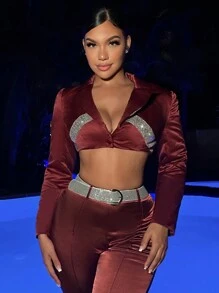 SHEIN SXY Contrast Sequin Tape Crop Blazer - Red - View 1