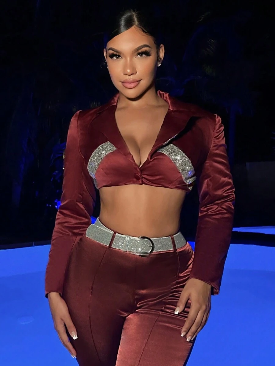 SHEIN SXY Contrast Sequin Tape Crop Blazer - Red - View 1