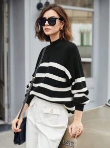 BizChic 女士黑白条纹落肩毛衣，秋冬季宽松休闲针织衫，长袖上衣