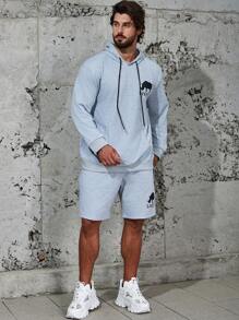 Manfinity Homme Men Plus Letter Graphic Drawstring Hoodie & Shorts - Grey - View 4