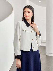 Seusyu Contrast Collar Button Front Jacket - Beige - View 4