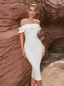 露肩荷葉邊修身洋裝 - 白色 - 查看 3