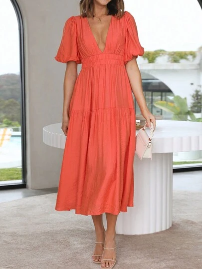 Plunging Neck Puff Sleeve Ruffle Hem Dress