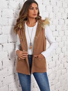 EMERY ROSE 有蓋口袋毛絨飾邊連帽背心大衣 - 軍綠色 - 查看 4