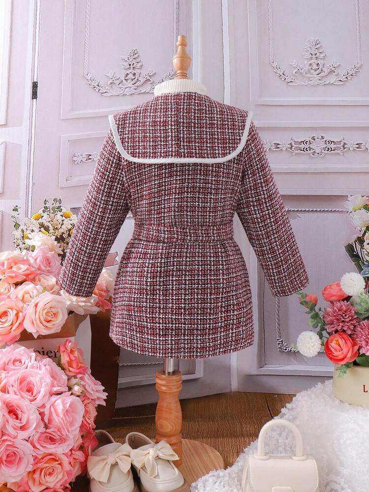 Young Girl 1pc Plaid Pattern Contrast Binding Belted Overcoat