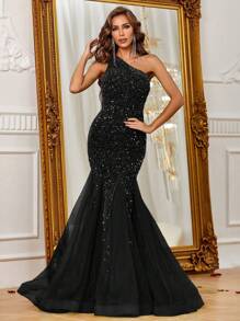 Elegant One Shoulder Sparkly Sequin Connect Mesh Maxi Mermaid Hem Formal Dress For Women - Black - View 5