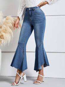 SHEIN LUNE Asymmetrical Raw Hem Flare Leg Jeans