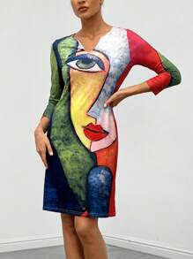 SHEIN Essnce Figure Graphic Notched Neckline Dress - Multicolor - View 5