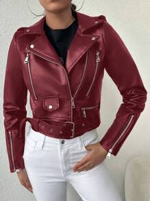 EURMUSE 拉鏈開襟腰帶PU皮革機車夾克