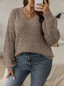 Calvaya Plus Space Dye Drop Shoulder Sweater, For Winter Knit Pullover Fall Sweater - Coffee Brown - View 4