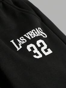 SHEIN Chicos Pantalones deportivos con sudadera con estampado de letra ribete de rayas sin camiseta - Blanco y Negro - Ver 13