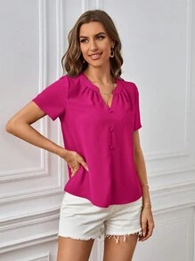 SHEIN Clasi Áo cổ khoét nút phía trước chắc chắn - Màu Hồng Tươi - Xem 3