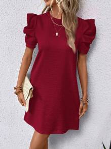 SHEIN Clasi Solid Puff Sleeve Dress - Burgundy - View 4