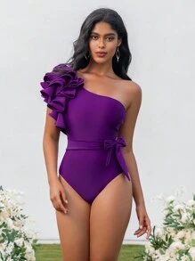 Swim Chiccia Summer Beach Ruffle Trim One Shoulder One Piece Swimsuit - Purple - View 5