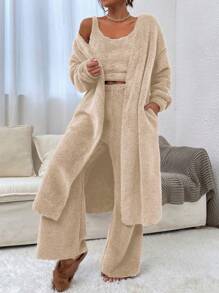 SHEIN Essnce 落肩袖開門襟法蘭絨外套和背心上衣和褲子 - 杏色 - 查看 5