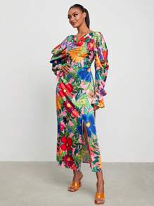 BELANGE HANDMADE Floral Print Flare Sleeve Split Thigh Dress