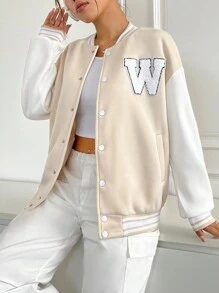 SHEIN EZwear Thư được vá Sọc trang trí Thả vai Áo khoác Đại học - Màu Khaki - Xem 4