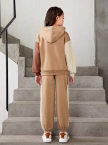 Tween Girl Color Block Drop Shoulder Hoodie & Sweatpants - Khaki - View 2