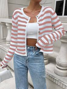 SHEIN Essnce Striped Pattern Button Front Cardigan - Pink - View 3