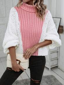 SHEIN Essnce 雙色高領燈籠袖套頭毛衣 - 彩色 - 查看 5