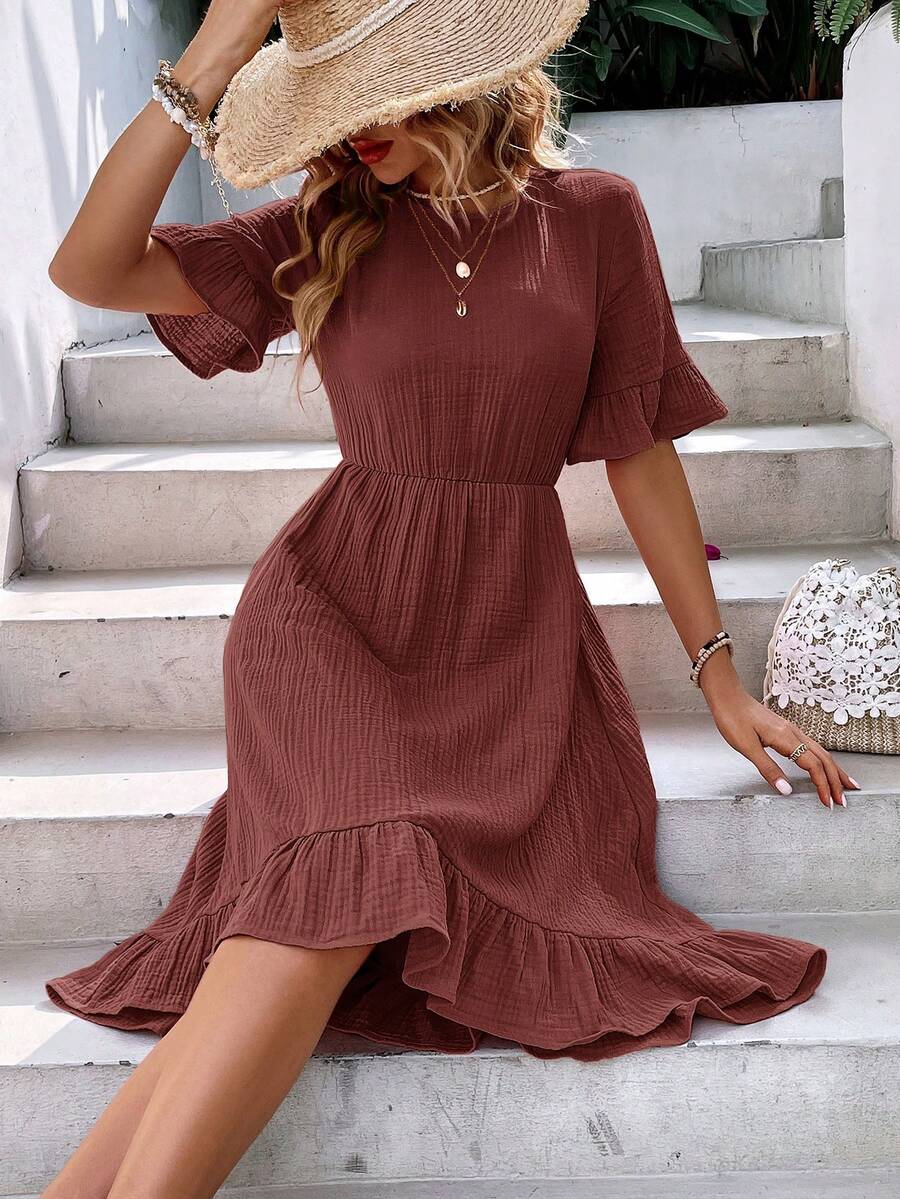 SHEIN LUNE Vestido de manga amplia bajo con fruncido - Rosa Roja - Ver 1