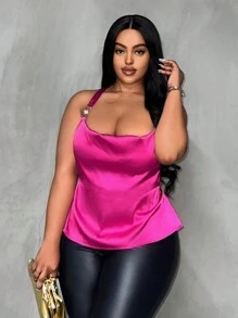 Slaydiva 大码女式优雅鸡尾酒会纯玫瑰红色细肩带金属纽扣装饰背心，软缎面料 - 玫紅色 - 查看 4