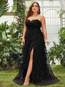 Plus Floral Appliques Split Thigh Mesh Tube Party Dress Black Elegant Formal Evening Prom Wedding Guest Gown, For Graduation, Dinner - Black - View 4