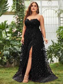 Plus Floral Appliques Split Thigh Mesh Tube Party Dress Black Elegant Formal Evening Prom Wedding Guest Gown, For Graduation, Dinner