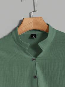 GENTILAND Loose Fit Men Solid Color Half Button Shirt & Tie Waist Pants Set - Green - View 4