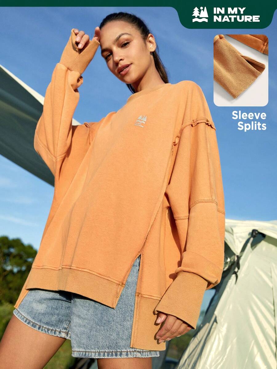 In My Nature 字母图案落肩开衩下摆户外卫衣 - 珊瑚橙 - 查看 1