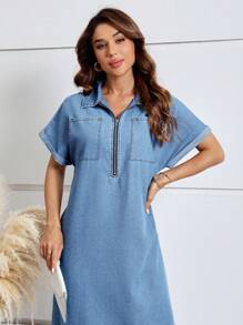 EMERY ROSE 蝙蝠袖高衩牛仔洋裝 - 中等水洗藍 - 查看 4