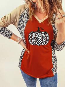 Leopard & Pumpkin Print Raglan Sleeve Tee