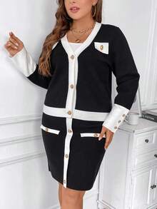 SHEIN Clasi Plus Contrast Trim Cardigan & Knit Skirt - Black and White - View 4