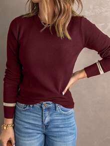 CILKOO 拼接邊圓領套頭毛衣 - 酒紅色 - 查看 3