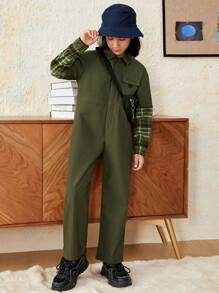 SHEIN Tween Boy Plaid Panel Flap Pocket Jumpsuit Without Bag - Army Green - View 1