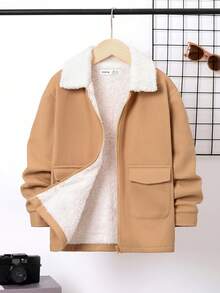 SHEIN Cậu bé Tween Cổ áo Borg Túi có nắp Lót Teddy Dây kéo mặt trước Áo khoác - Màu Khaki - Xem 7