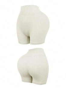 Yoga Basic 3pcs High Waist Ribbed Knit Sports Shorts - Multicolor - View 4