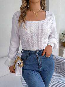 Square Neck Cable Knit Lantern Sleeve Sweater - White - View 5