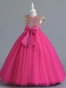 Girls' Elegant Bowknot Princess Dress, Suitable For Holiday Party And Formal Occasions (Please Refer To The Size Chart In The Product Details To Select The Appropriate Size)