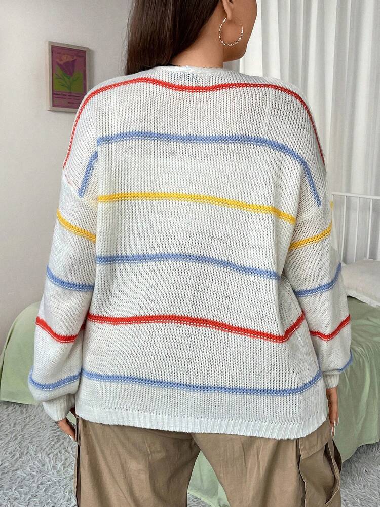 Plus Striped Pattern Drop Shoulder Duster Cardigan